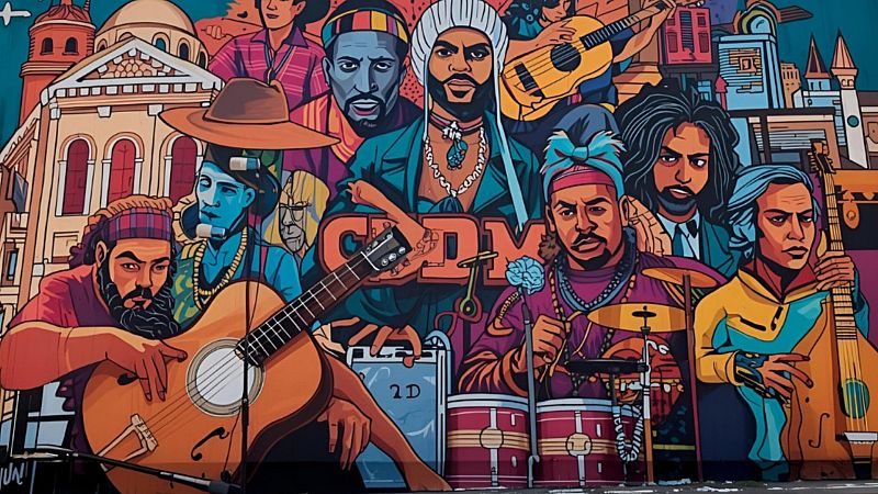 Un mural colorido muestra a varios músicos tocando instrumentos, incluyendo guitarras y percusión, con un edificio en el fondo y el texto "Latitudes urbanas" en la parte superior.