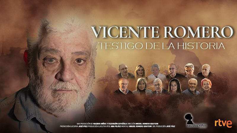 Un cartel publicitario presenta el documental sobre Vicente Romero. Destaca un retrato del protagonista, un hombre mayor con barba, y en el fondo, un grupo de personas. Se incluyen los créditos de la producción y los logos de las productoras.