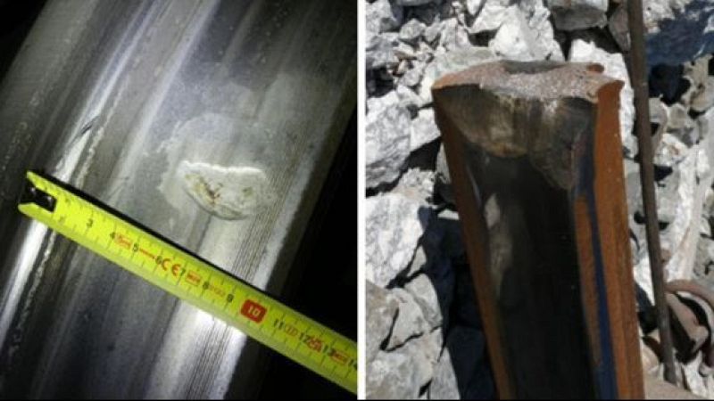 Invetigación del accidente de Adamuz: muescas en la rueda derecha del eje 13 del tren de Iryo (coche 4, primer eje del primer bogie) y posible punto de colisión con la cabeza del carril