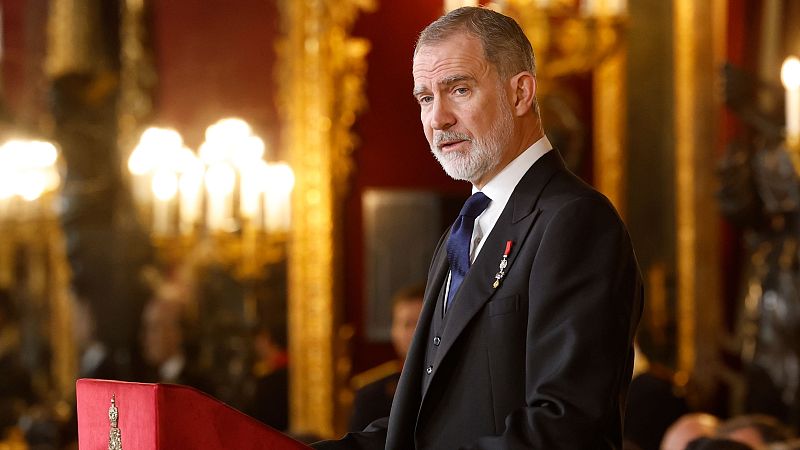 El rey Felipe VI durante su intervención en la tradicional recepción de los reyes al cuerpo diplomático acreditado en España