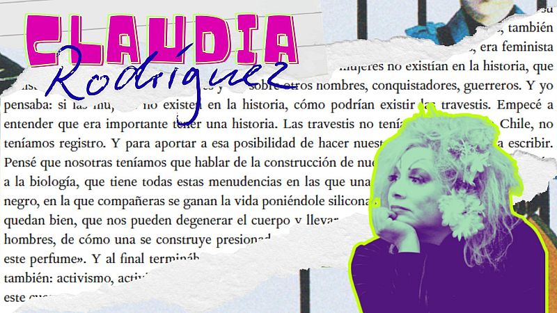 Un collage con la imagen de una mujer rubia con flores, en una pose pensativa, con fragmentos de texto superpuestos que abordan temas como el feminismo y el activismo, con un estilo de recorte de revista.