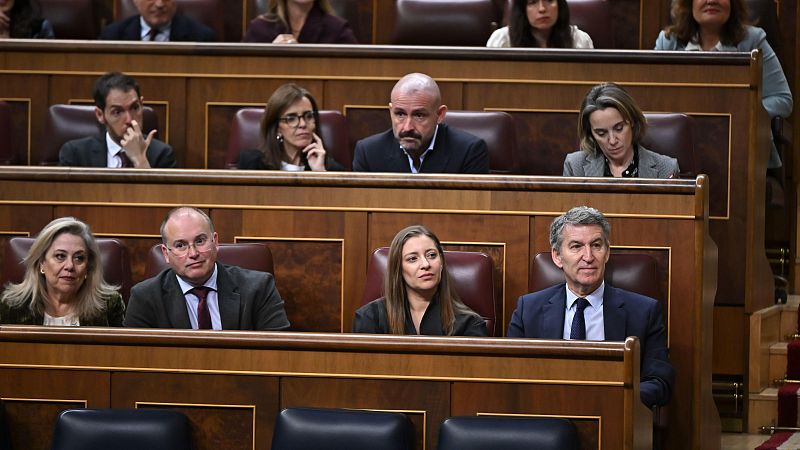 En una sesión parlamentaria, se observan diputados en sus escaños de madera oscura y tapicería azul. Se distinguen varios diputados en las primeras filas, con diferentes características físicas y vestimenta formal.