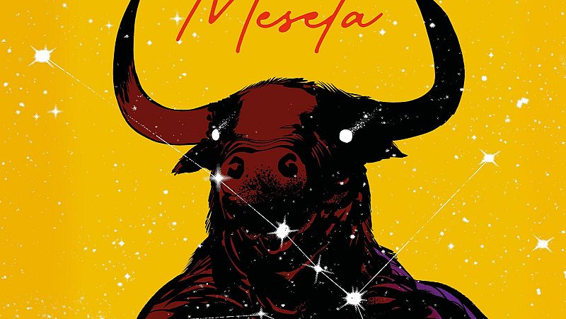 En la portada del libro, un toro estilizado con cuernos marrones y un cuerpo que simula un cielo nocturno estrellado, se alza sobre un fondo amarillo brillante con pequeñas estrellas blancas, con el título 'Meseta' en rojo.