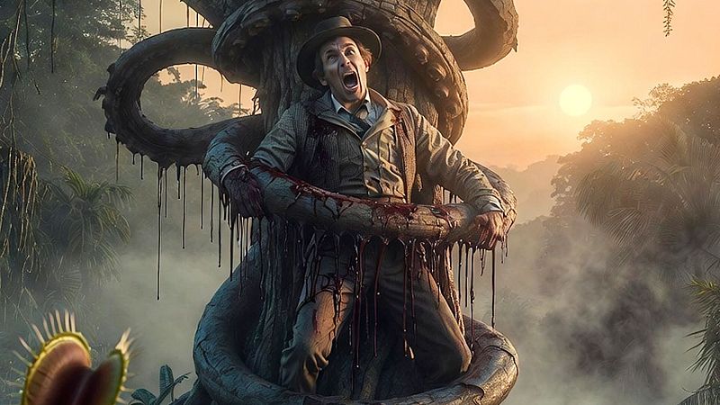 En una jungla densa y brumosa, un hombre vestido como explorador es atacado por un árbol con ramas que parecen extremidades. El hombre grita aterrorizado mientras la vegetación lo aprisiona, con sangre visible en la escena.