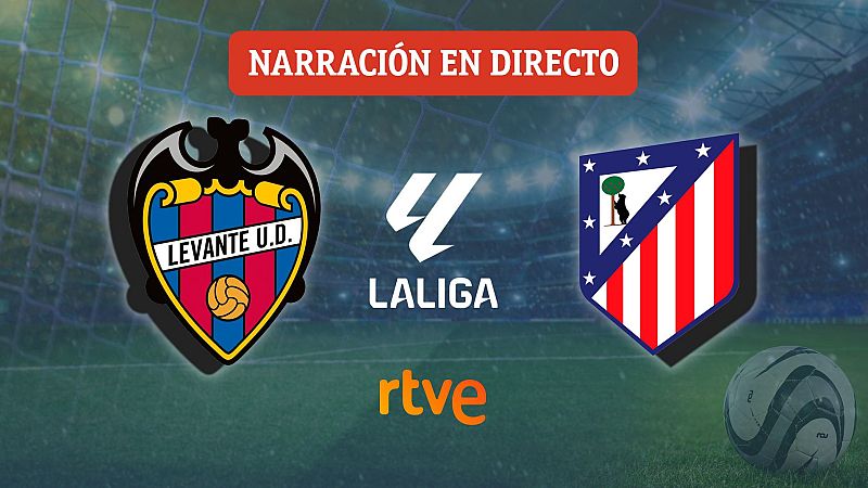 Promoción de la narración en directo de un partido de fútbol de la Primera División, con los escudos de dos equipos y los logos de la liga y la cadena de televisión. Un recuadro rojo anuncia la narración, y un balón de fútbol completa la imagen.