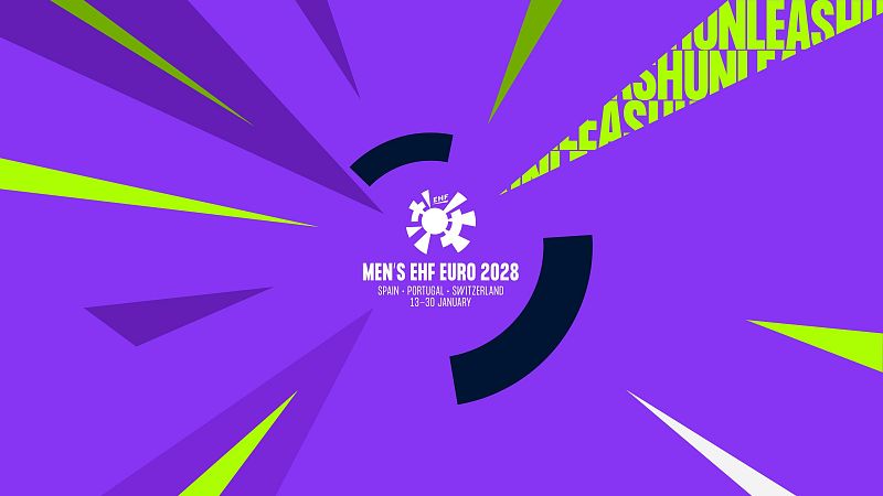 El logo del campeonato de balonmano de 2028, con un diseño en tonos morados y verdes, presenta un logo central en forma de estrella blanca dentro de un círculo negro incompleto, acompañado de texto blanco que indica el evento y las sedes.