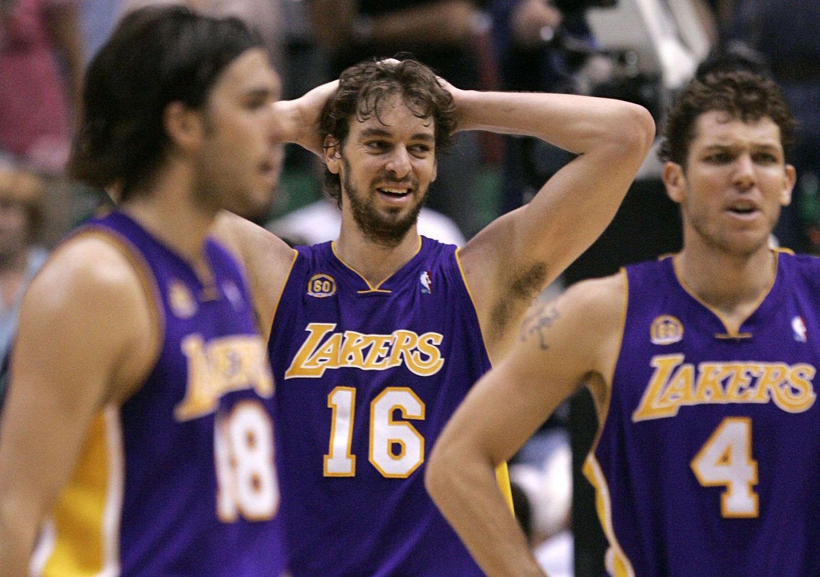 Lakers Gasol reacts to a call during Game 4 of their NBA Western Conference semi-final series against the Jazz in Salt Lake City