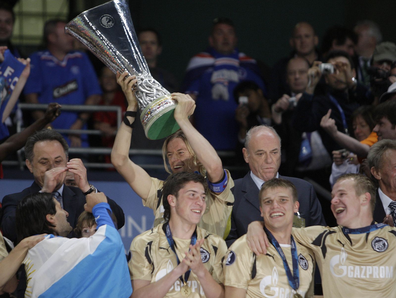 Zenit St Petersburg's Tymoschuk holds the UEFA Cup after his team defeated Rangers in their UEFA Cup final soccer match in Manchester
