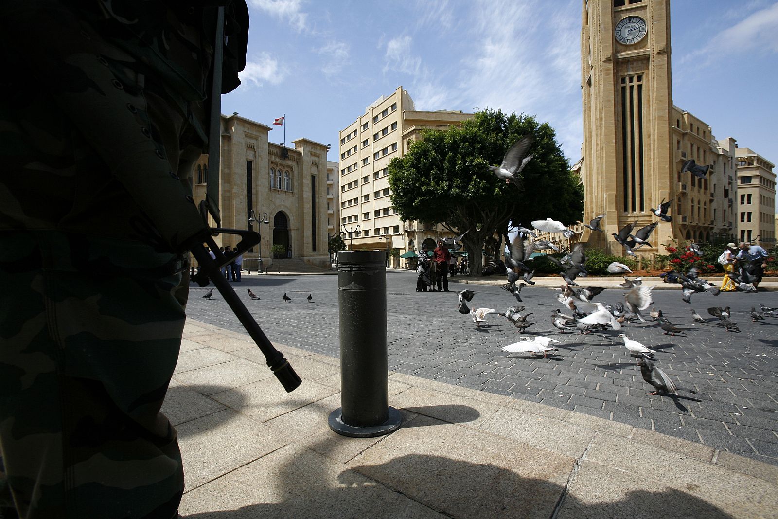 A Lebanese soldier secures the parliament building in downtown Beirut