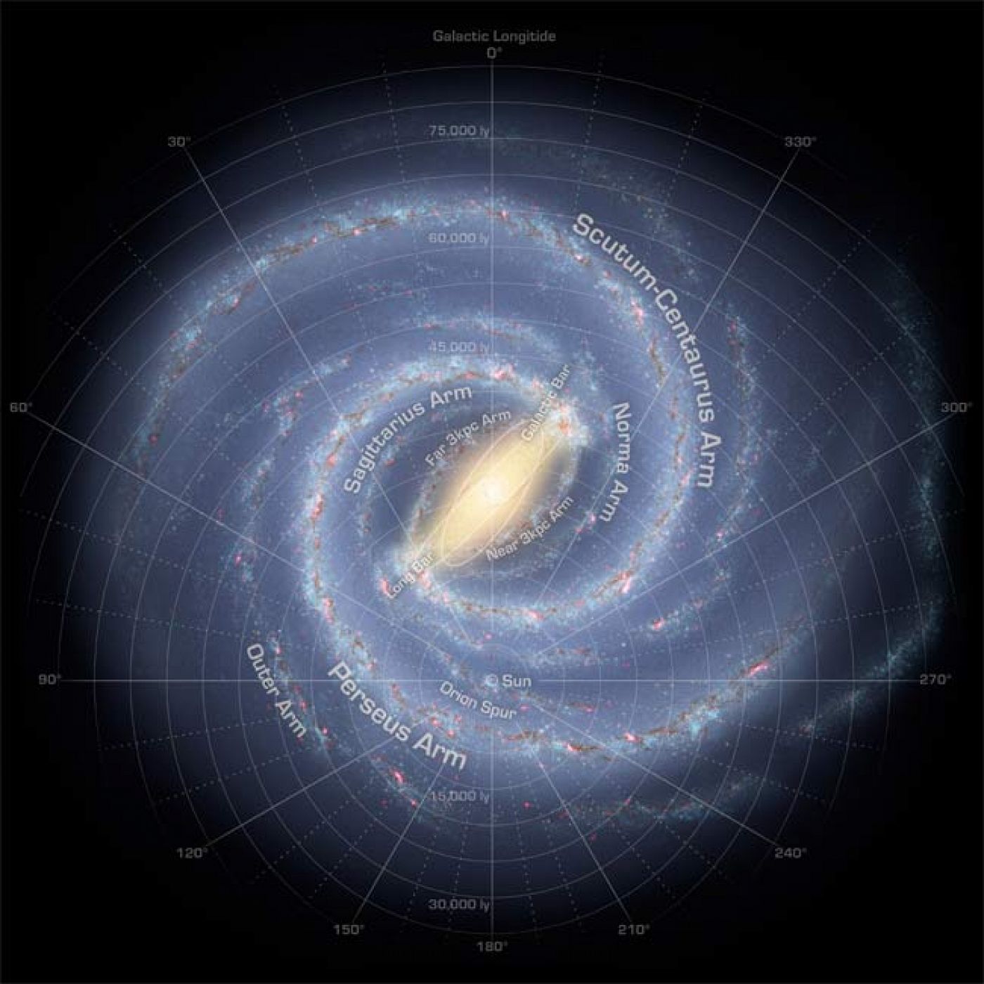 Imagen de la galaxia Vía Láctea tomada con infrarrojos por el telescopio Spitzer de la NASA.