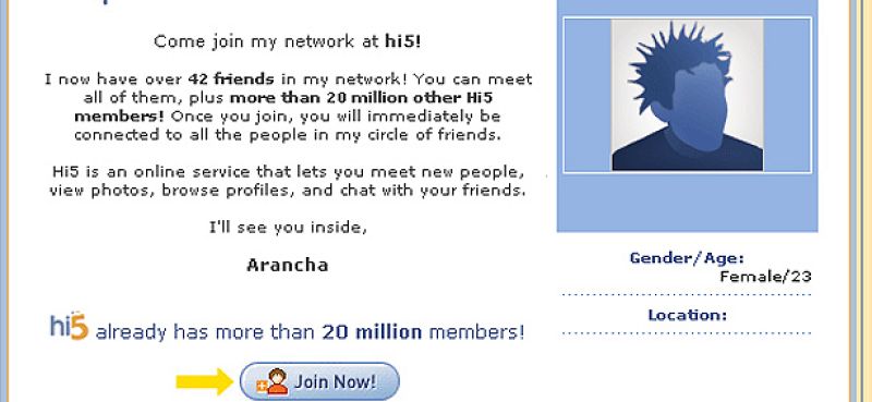 Imagen de un correo electrónico de invitación para formar parte de hi5.