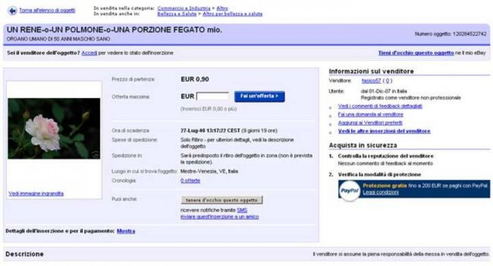 El anuncio colocado por el empresario italinao en eBay.