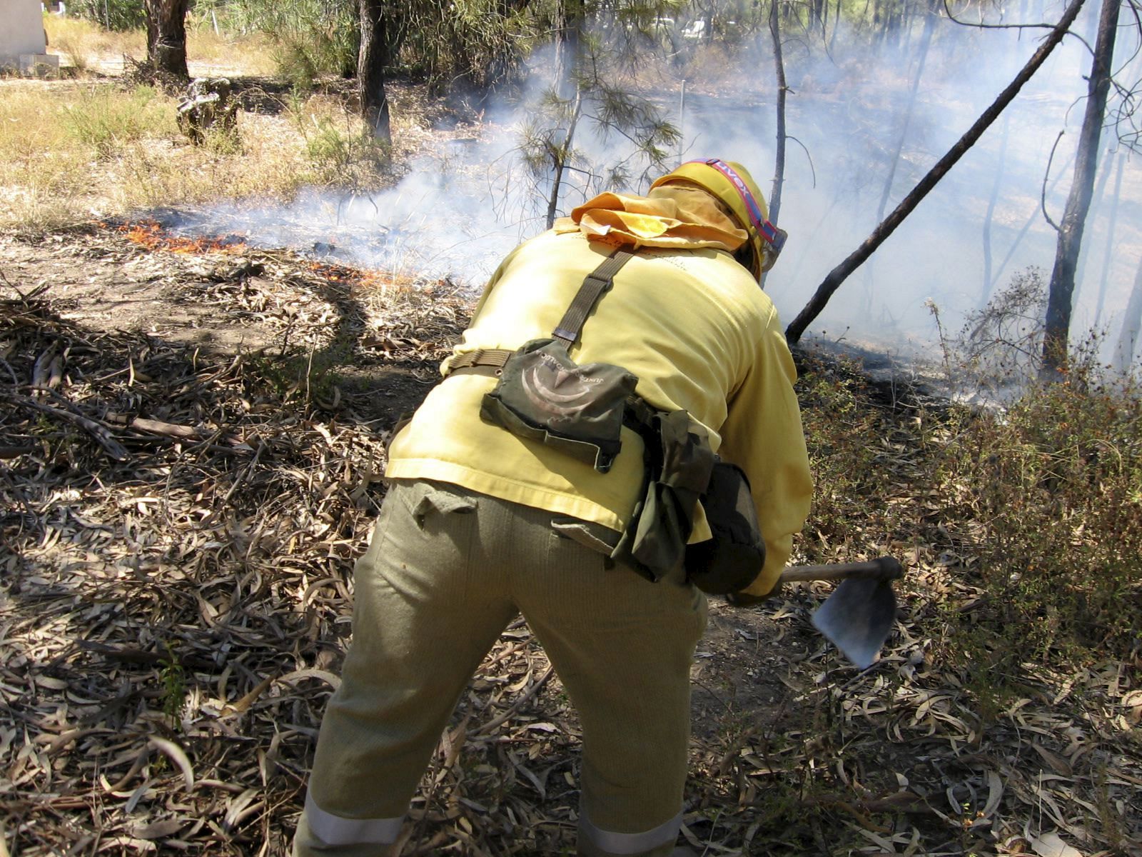 Un agente del Plan Infoca trabaja haciendo un cortafuegos para intentar controlar el incendio forestal que afectó al paraje Pinares de Lepe (Huelva).