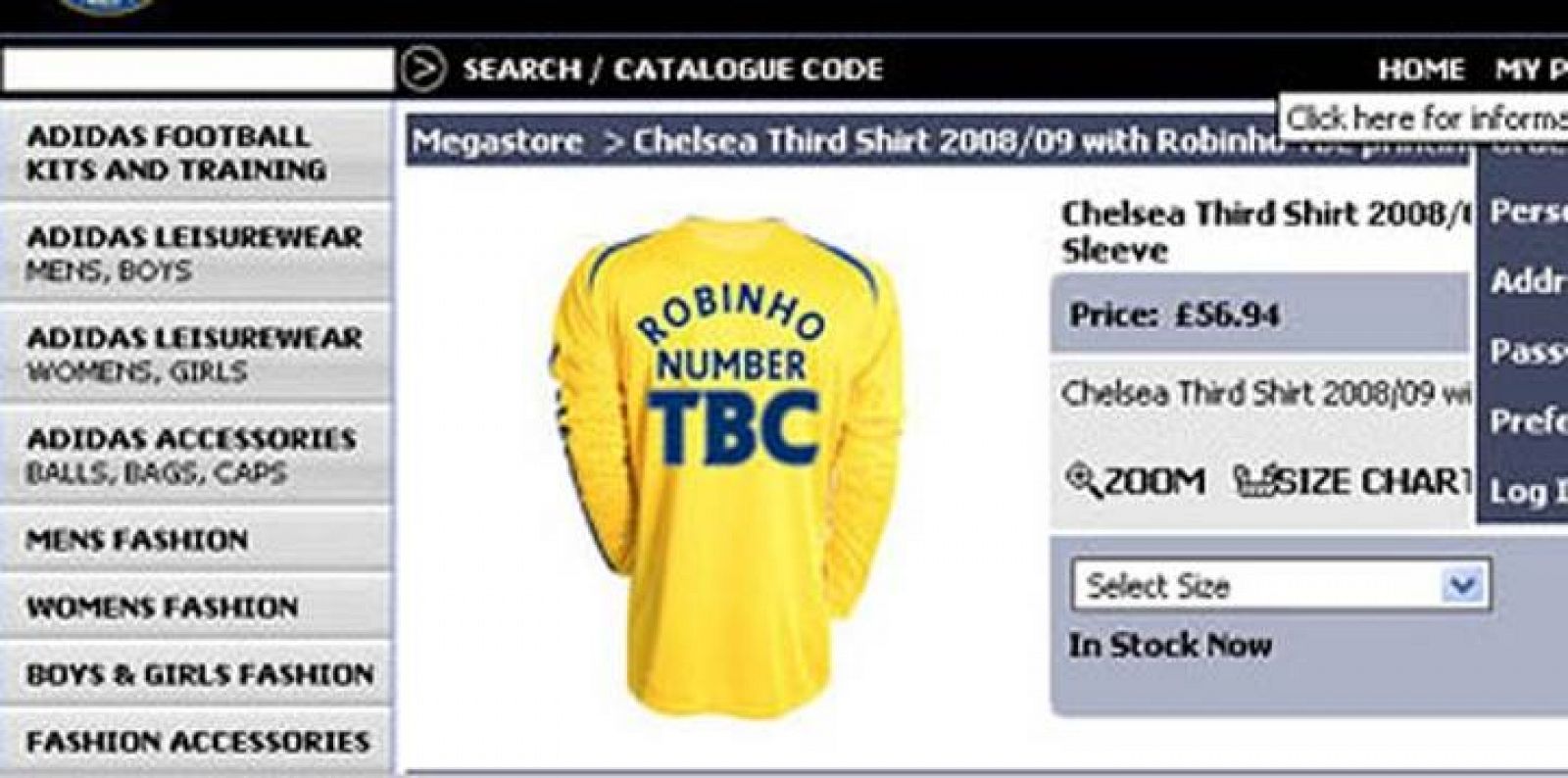 La camiseta con el nombre de Robinho se podía comprar en la página web del Chelsea.