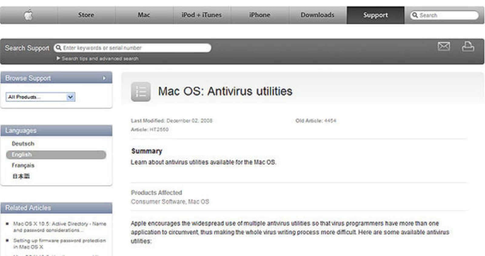 Imagen de la página de servicio técnico de Apple que recomienda la instalación de antivirus. 