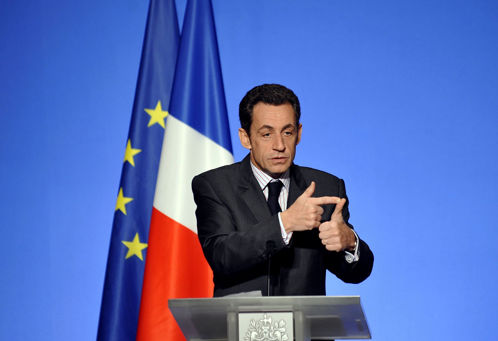 France's President Nicolas Sarkozy gestures during a speech at the Elysee Palace in Paris