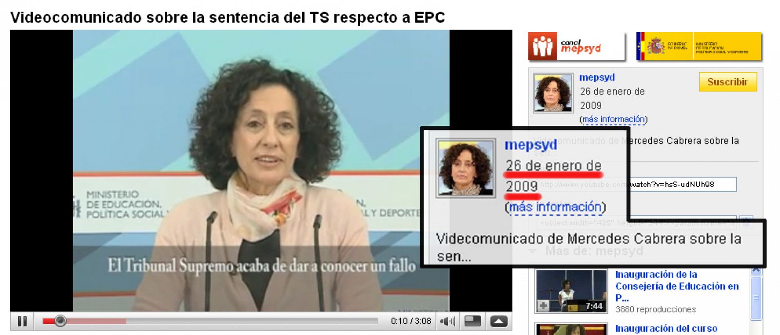 El vídeo de Cabrera que Educación subió a Youtube tiene fecha de 26 de enero, dos días antes de que se conociera la sentencia.