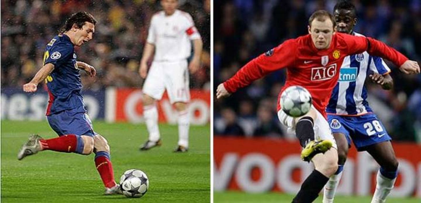 Los delanteros del FC Barcelona Lionel Messi y Wayne Rooney del Manchester United.