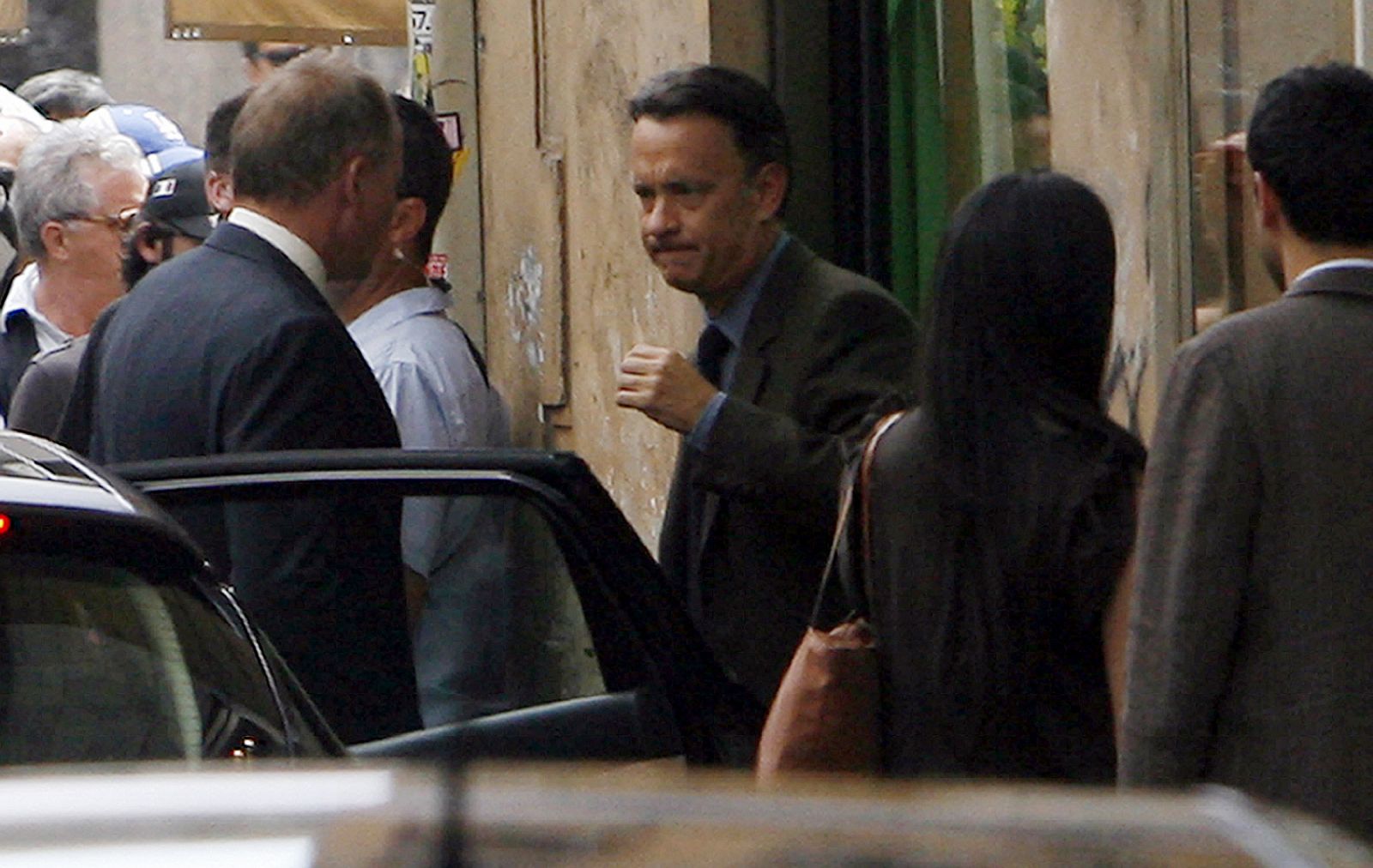 U.S. actor Hanks prepares for a scene on the set of the movie "Angels and Demons" in Rome