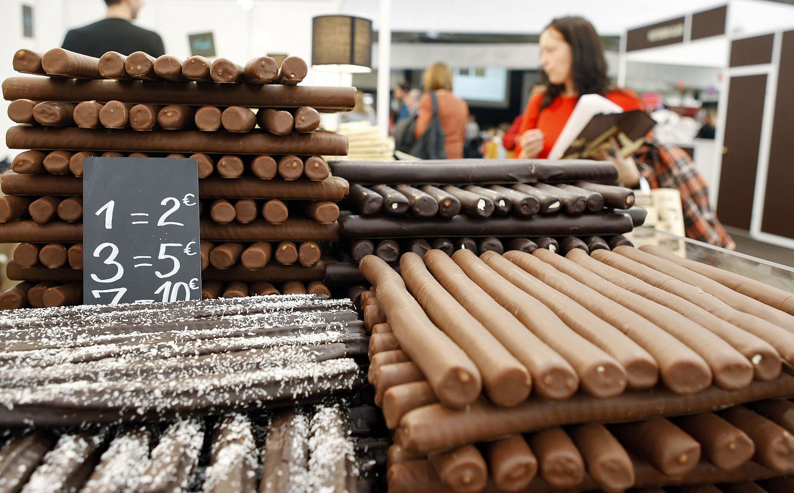 Chocolates are displayed during the 'Xocolating' chocolate fair in Barcelona