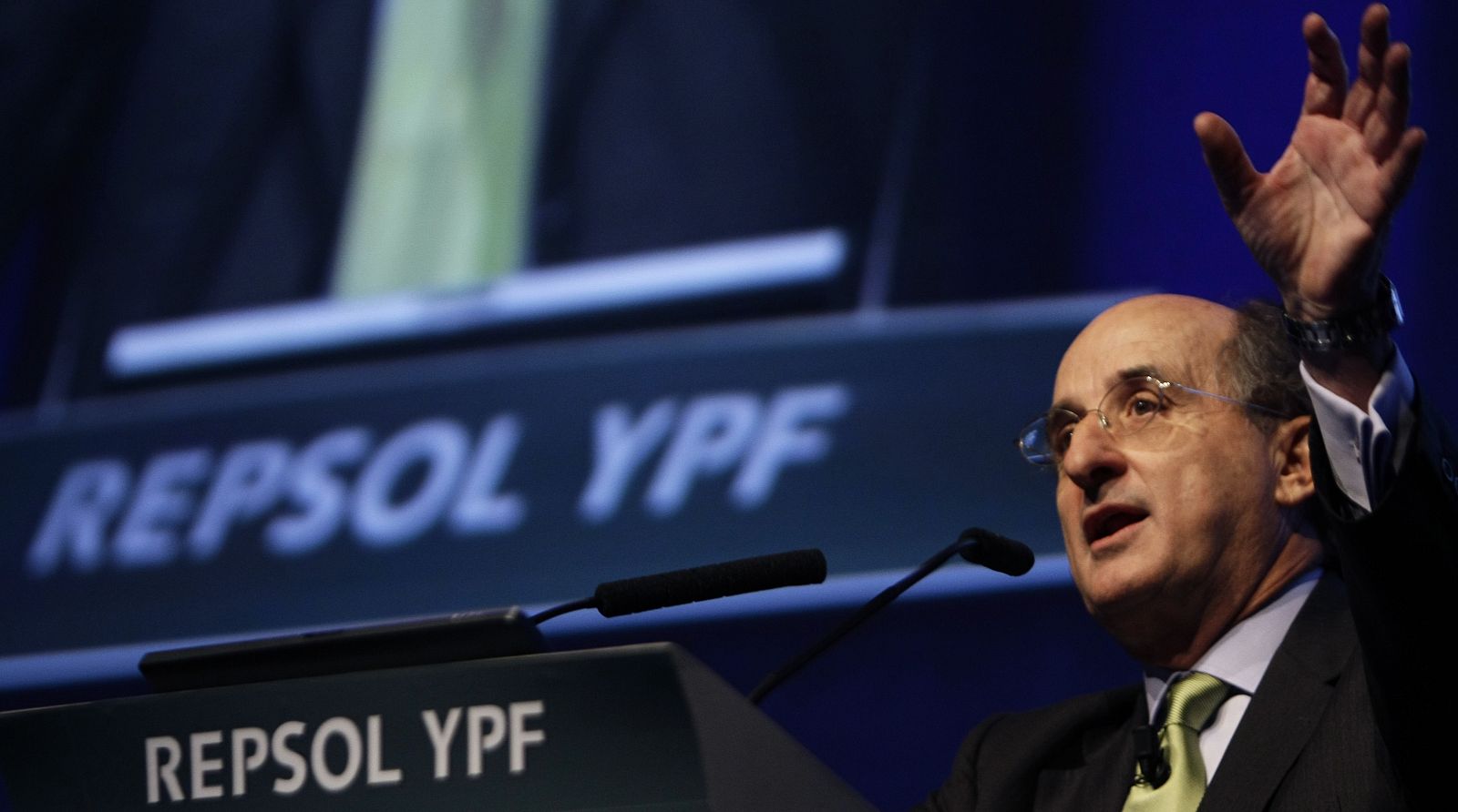 Repsol YPF's chairman Brufau gestures during a speech in Madrid