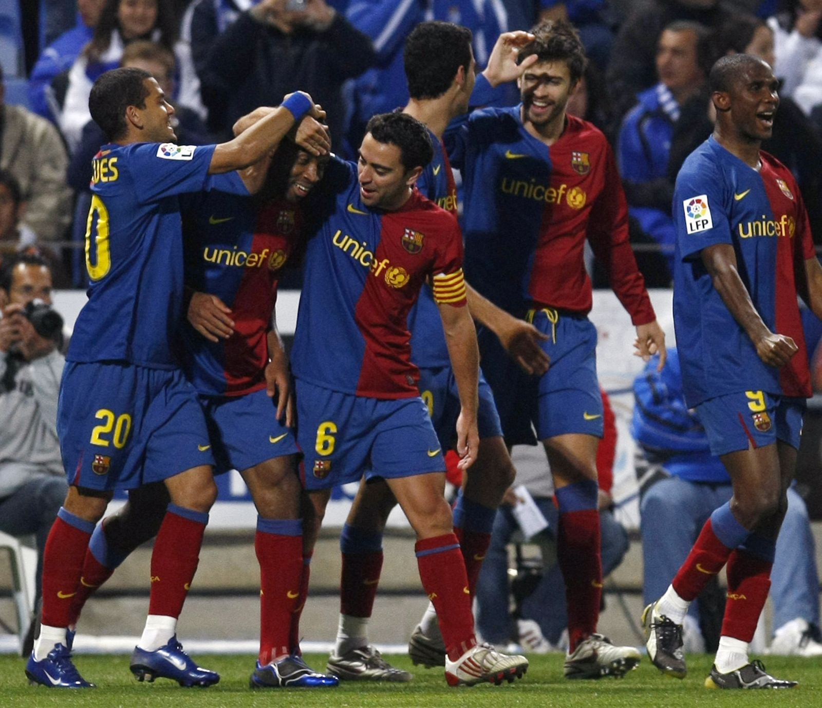 Barcelona's Keita is congratulated by team mates after scoring against Recreativo Huelva in Huelva