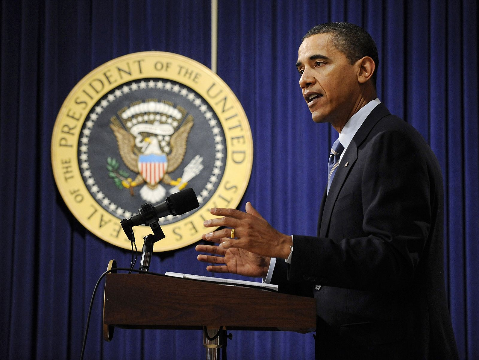 U.S. President Barack Obama makes remarks during a Spanish-Language Town Hall Meeting on the H1N1 flu virus at the Eisenhower Executive Office Building in Washington