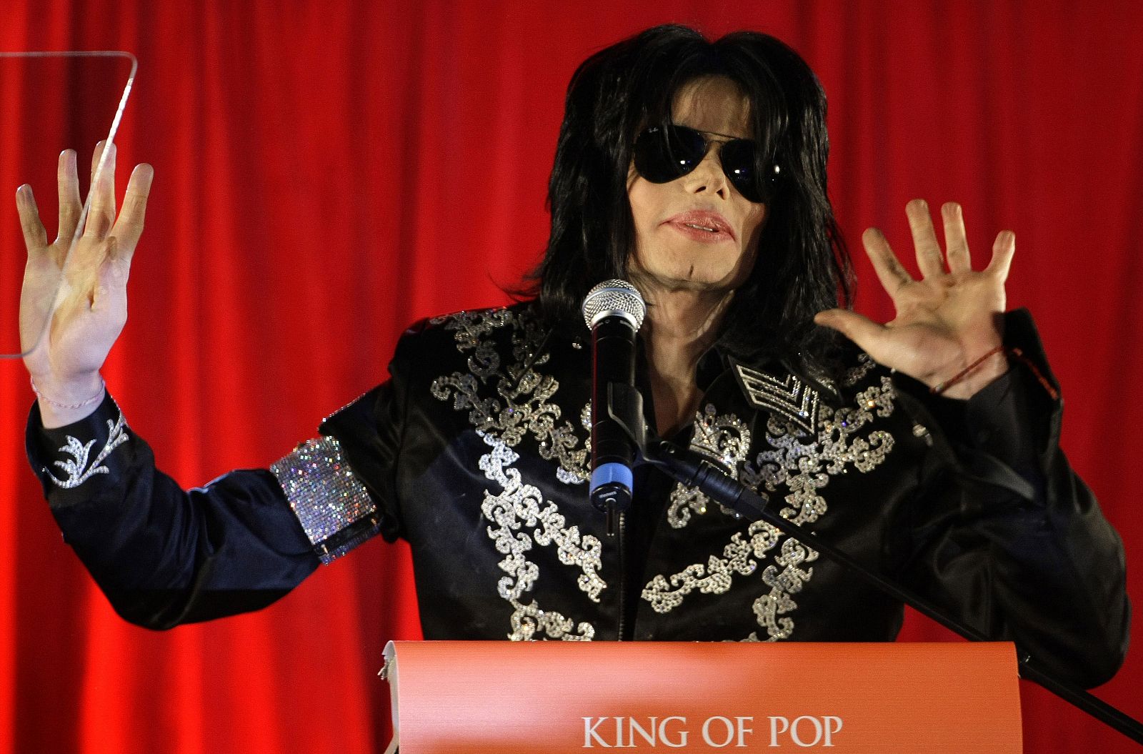 U.S. pop star Michael Jackson gestures during a news conference at the O2 Arena in London