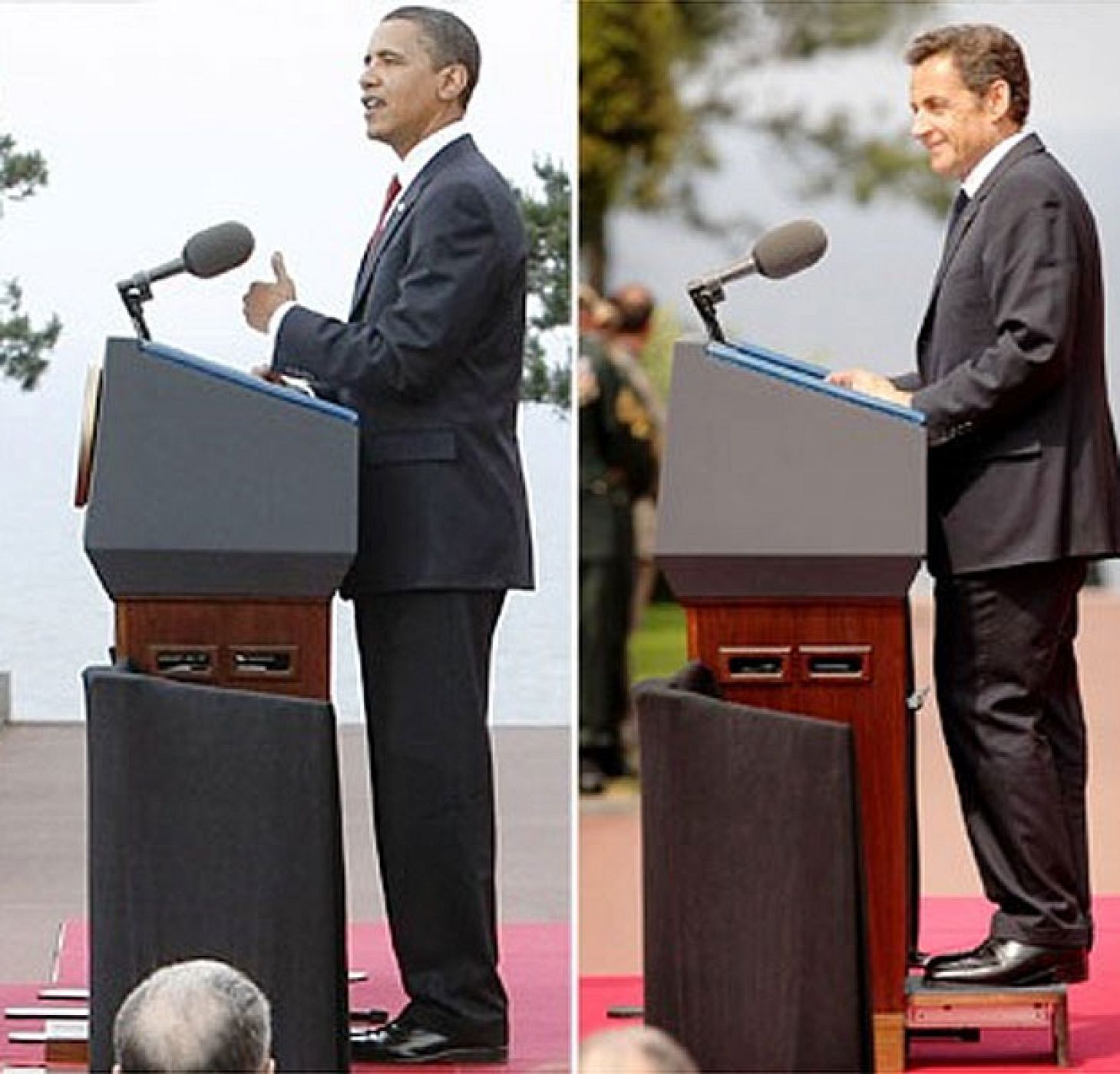 El presidente de EE.UU., Barack Obama y el presdiente francés, Nicolás Sarkozy, en un acto del 65 aniversario de la batalla de Normandía (Francia).