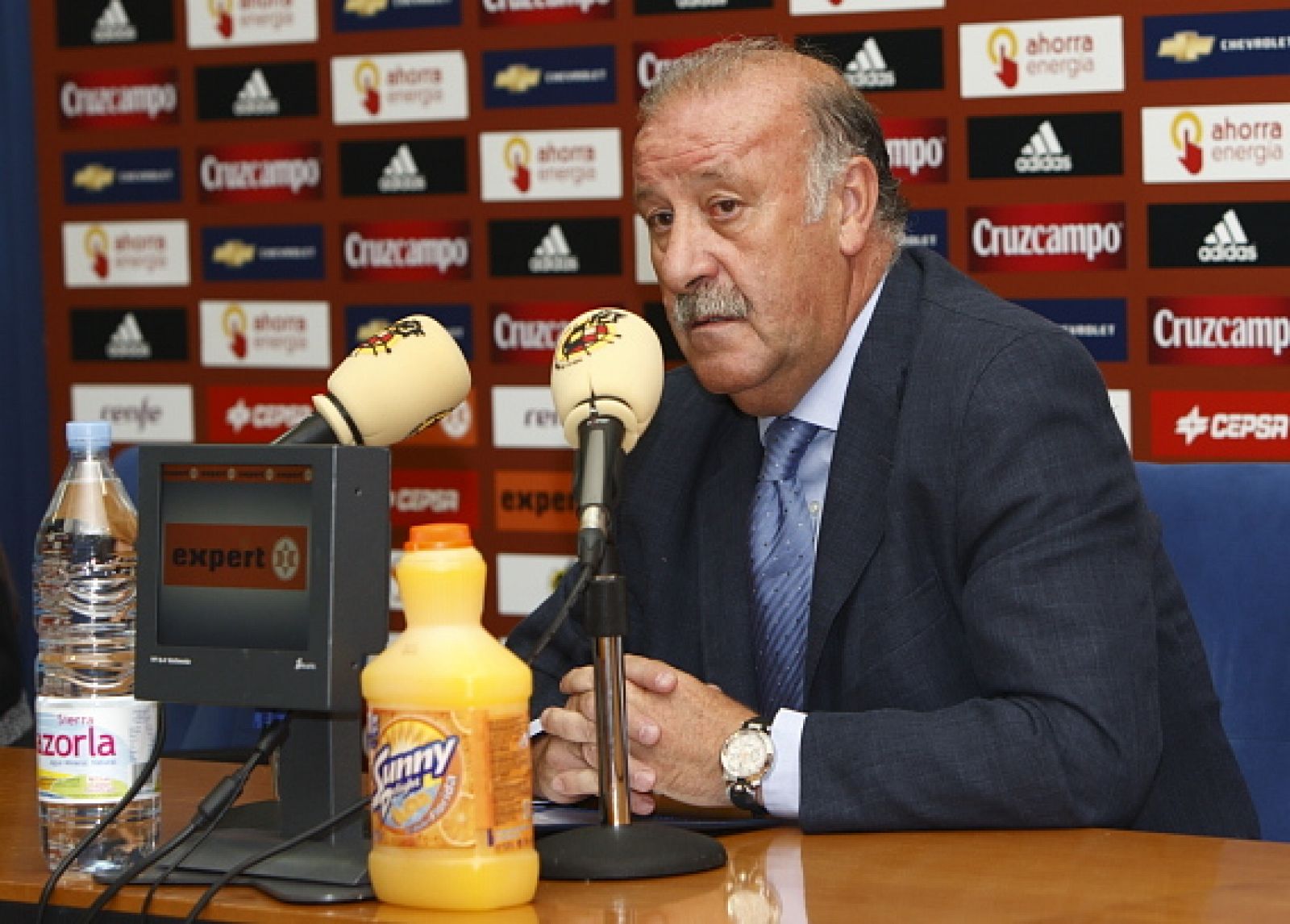 El seleccionador de fútbol, Vicente del Bosque, durante la rueda de prensa que ofreció para anunciar la lista de convocados.