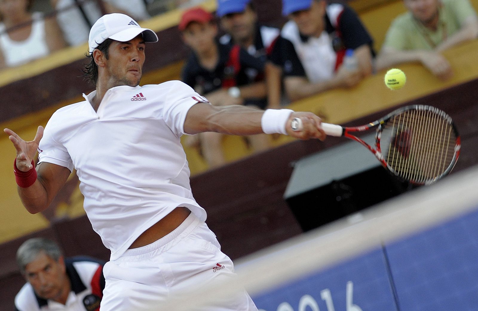 Fernando Verdasco of Spain serves to Guillermo Canas of Argentina during their Master Tennis Burgos tournament in Burgos