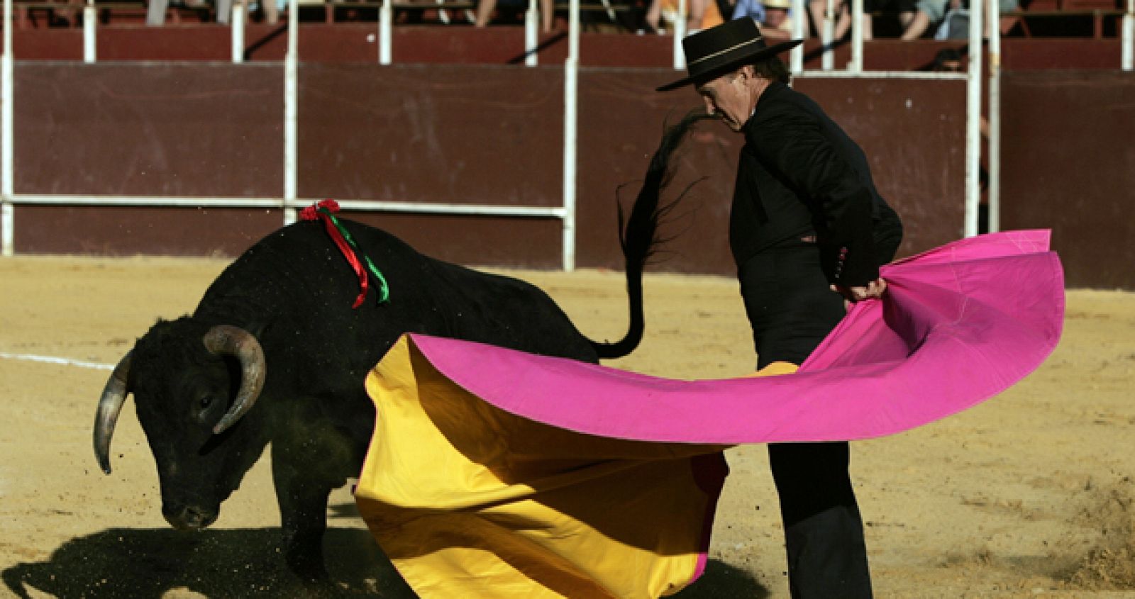 British matador Frank Evans performs a pass on a bull during a bullfight in Villanueva de la Concepcion, near the southern town of Malaga