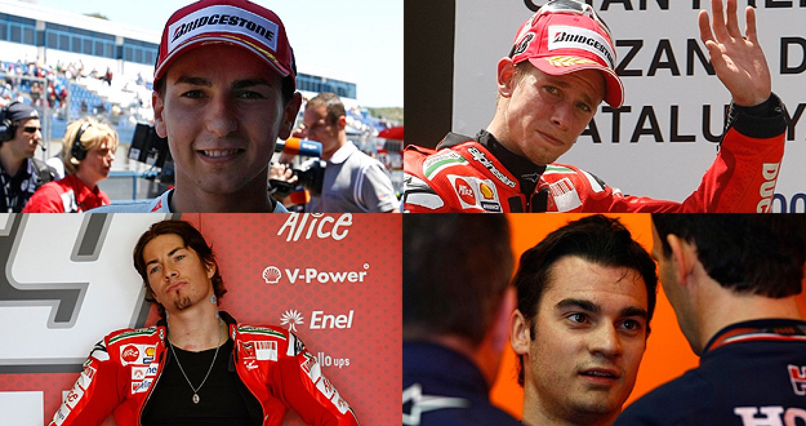 Jorge Lorenzo, Casey Stoner, Nicky Hayden y Dani Pedrosa.