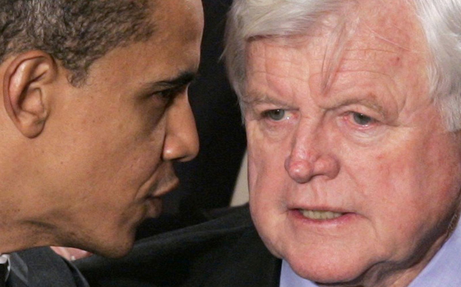 U.S. presidential candidate Sen. Barack Obama talks with Sen. Ted Kennedy in Washington