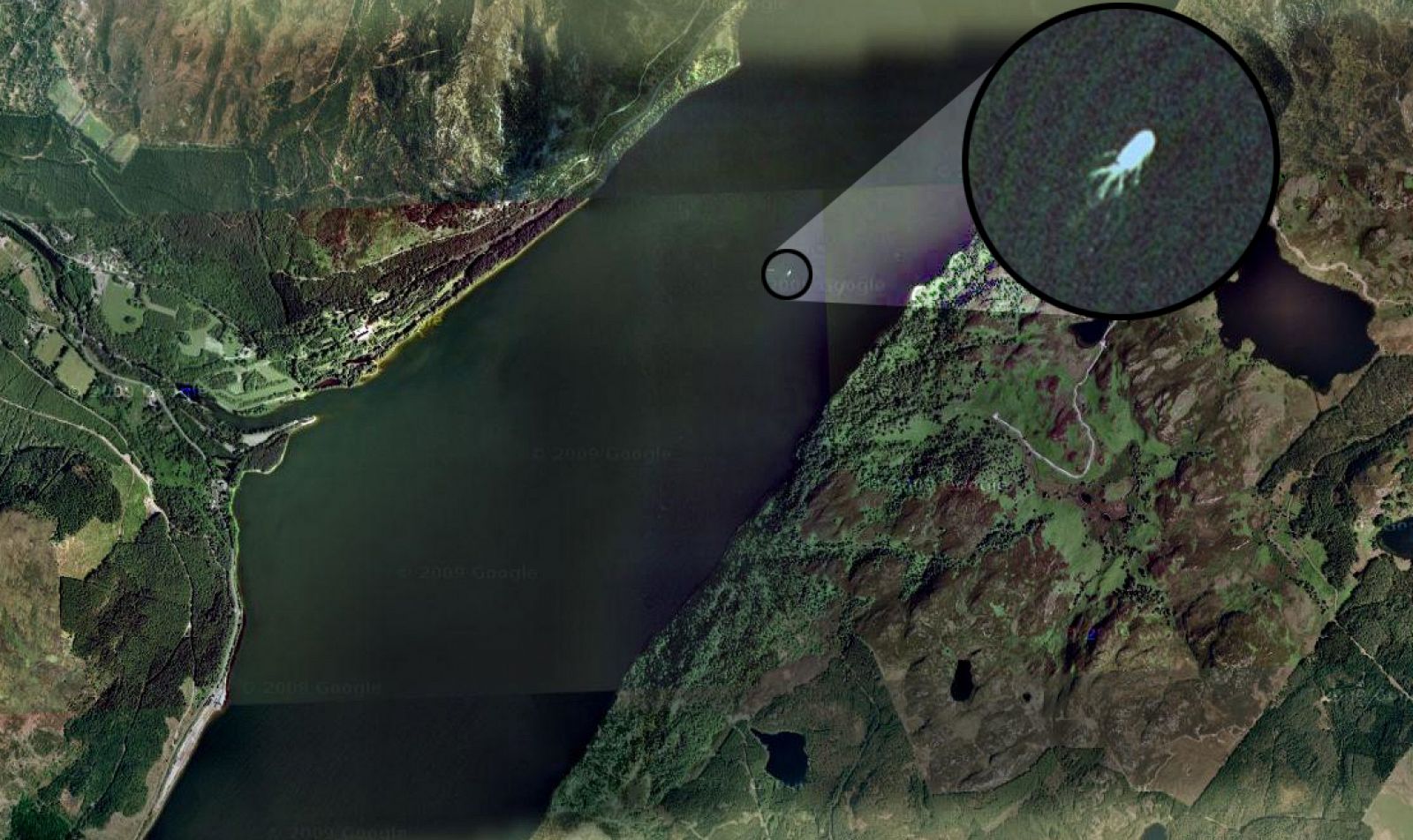 Google Earth ha capturado una imagen blanca y alargada que algunos creen que se trata del mítico  monstruo del lago Ness (Escocia). Los medios ingleses dan una expliación a la imagen: se trata de un barco que suele recorrer la zona.