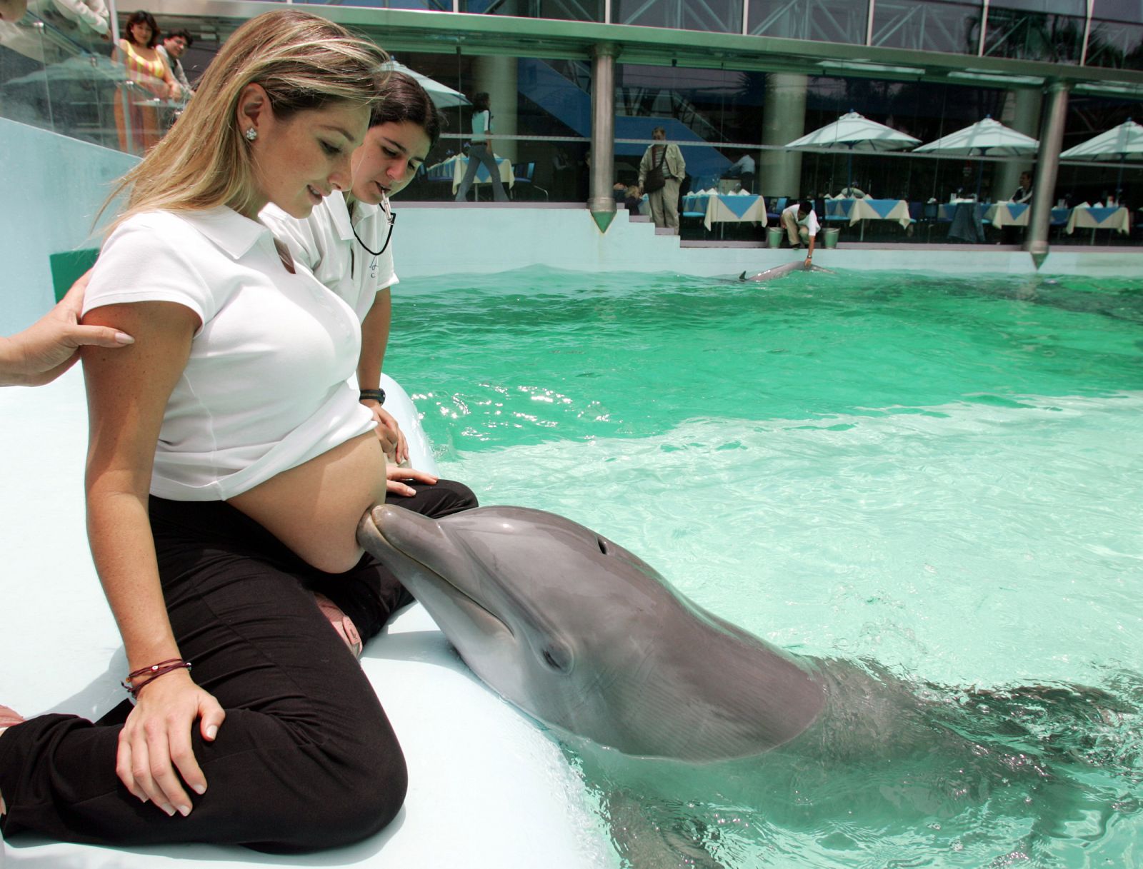 Peruvian Napadenschi who is eight month pregnant is touched by a dolphin during therapy session in Lima