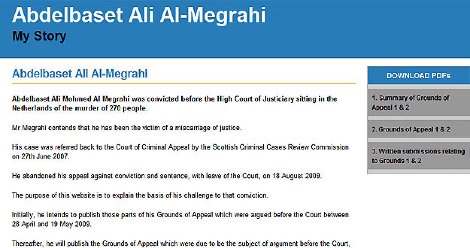 Imagen de la página web en la que Megrahi explica su historia.