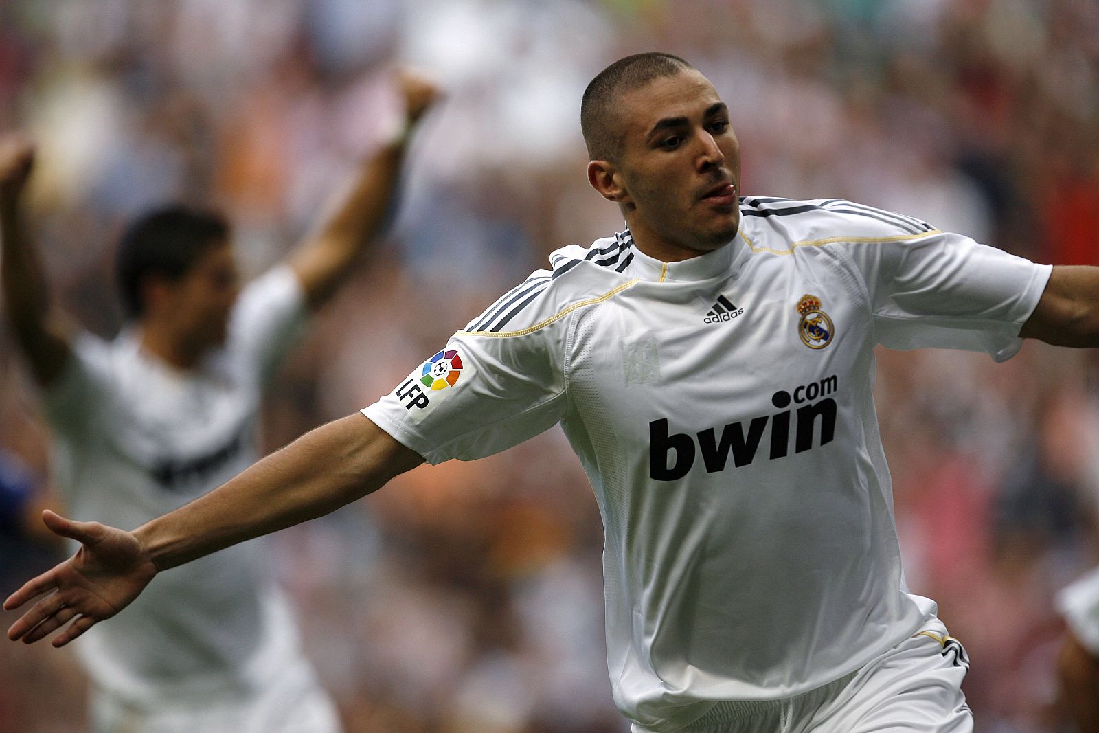 Real Madrid's Benzema celebrates his goal during his Spanish first division soccer match against Tenerife in Madrid