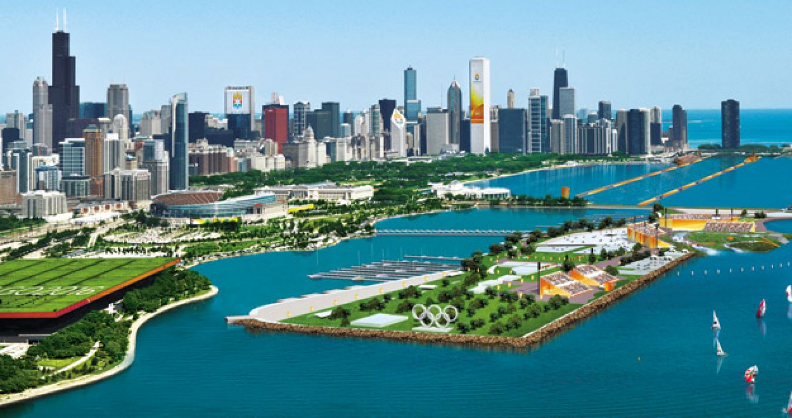Recreación virtual de la Isla Olímpica, con el famoso "skyline" de Chicago al fondo