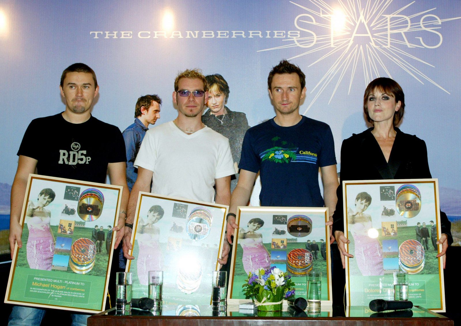 The Irish band The Cranberries hold souvenirs in Hong Kong August 15, 2002. [They will hold the U.S...