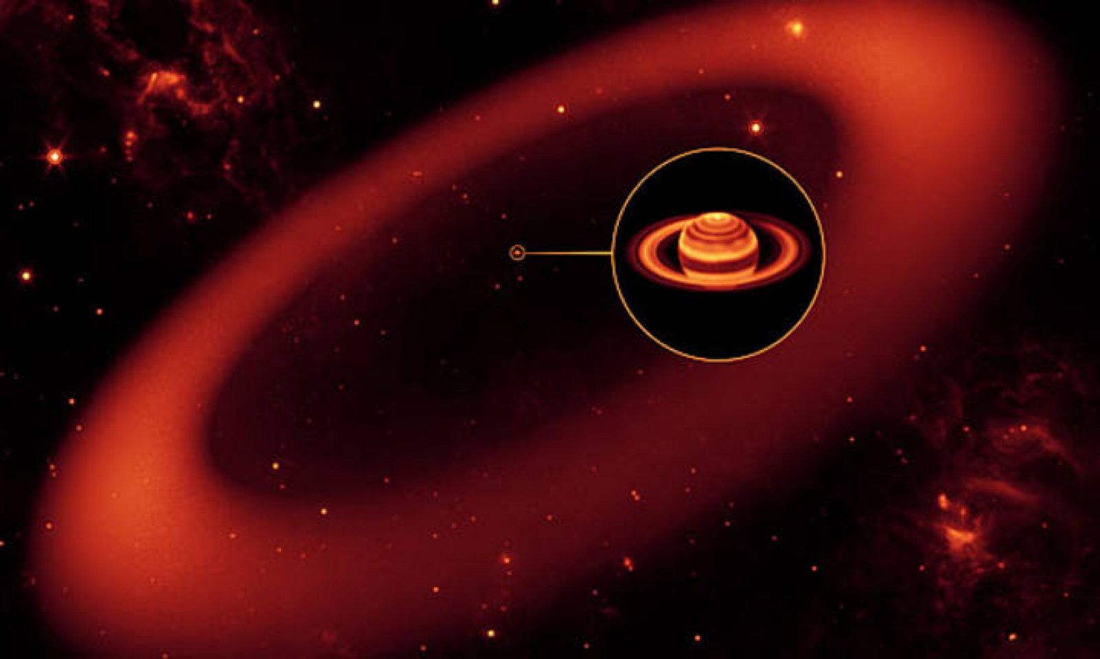 Recreación artística del nuevo anillo descubierto en Saturno