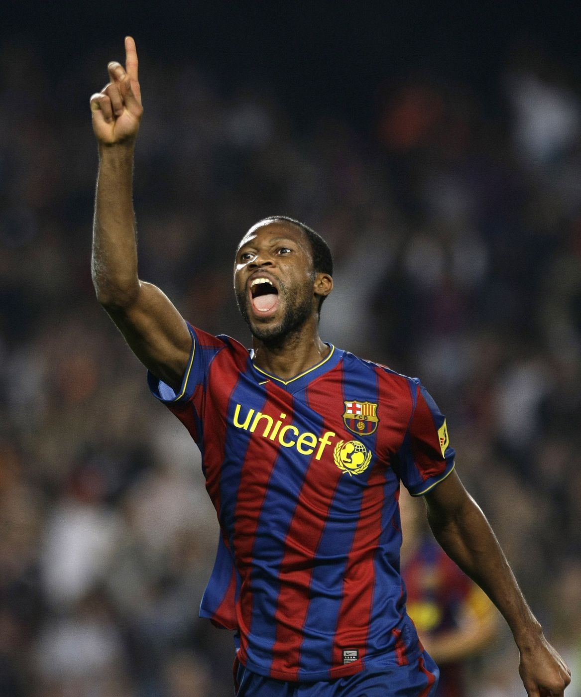 Barcelona's Seydou Keita celebrates his third goal against Zaragoza during their Spanish first division soccer match at Nou Camp stadium