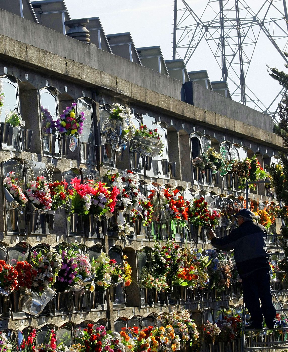 A man arranges flowers in a cemetery with solar panels in Santa Caloma de Gramenet near Barcelona