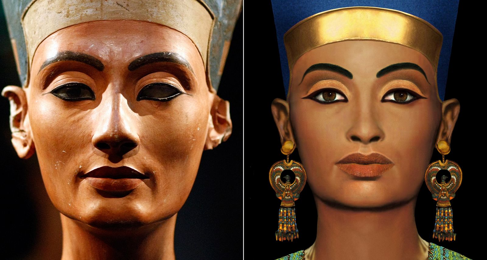 A la izquierda el famoso busto de la reina egipcia, a la derecha la reconstrucción digital.