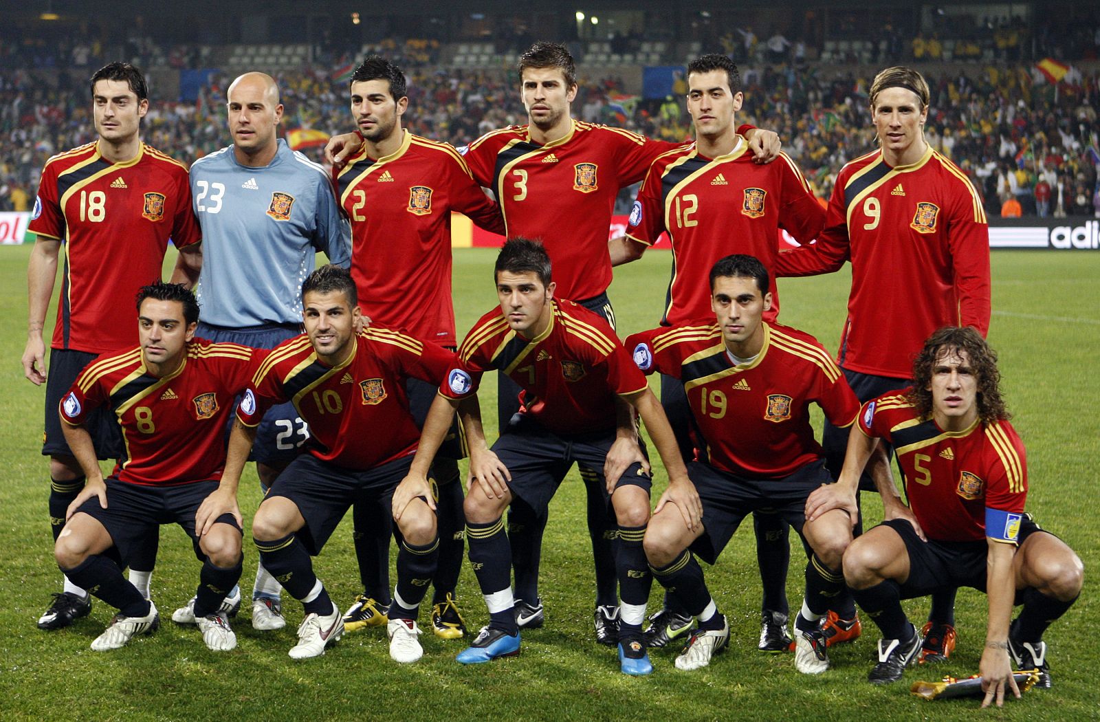 Spain's national soccer team pose for a group photograph before the start of their Confederations Cup soccer match against South Africa at the Free State Stadium in Bloemfontein