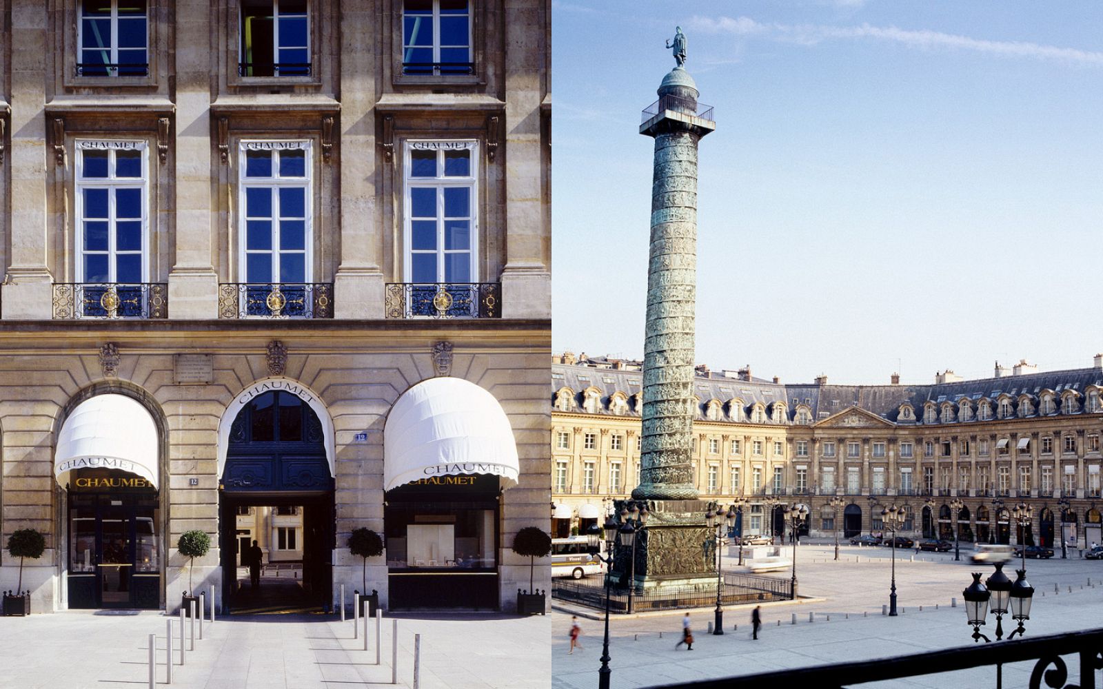 Montaje que muestra la tienda Chaumet en Place Vendome y una vista de la plaza, uno de los lugares donde se concentra el lujo de París.