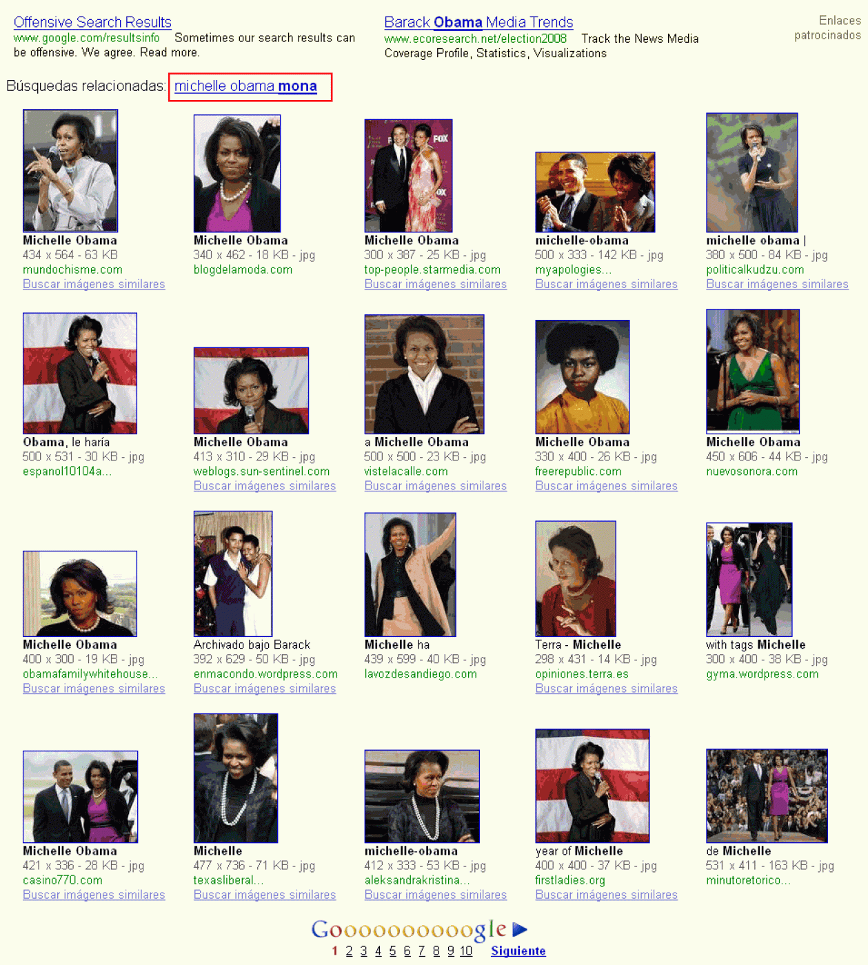 Primer resultado de búsqueda de Michelle Obama en Google Imágenes