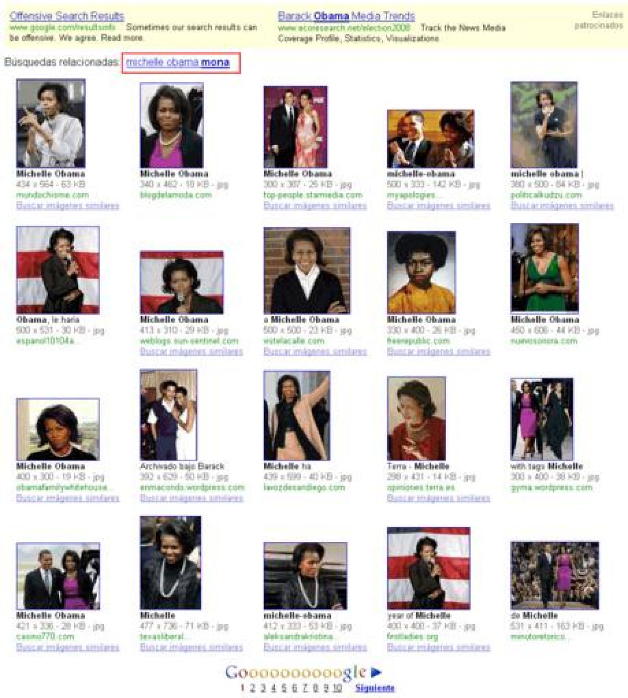 Primer resultado de búsqueda de Michelle Obama en Google Imágenes