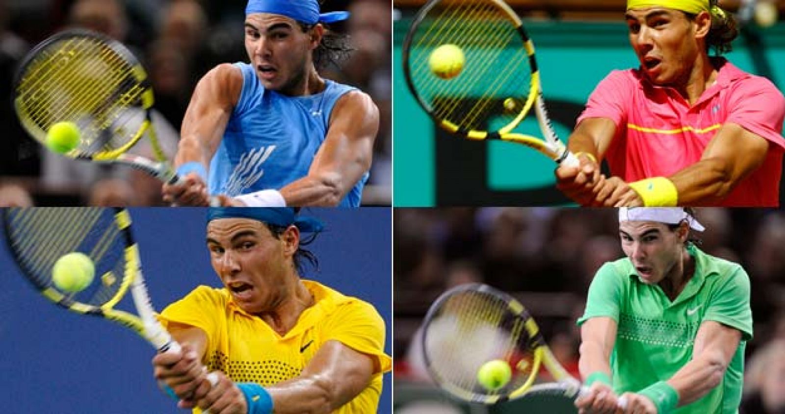 De izquierda a derecha y de arriba a abajo, Nadal en París-Bercy en noviembre de 2008, Roland Garros en mayo de 2009, US Open (septiembre) y el reciente Masters de París.