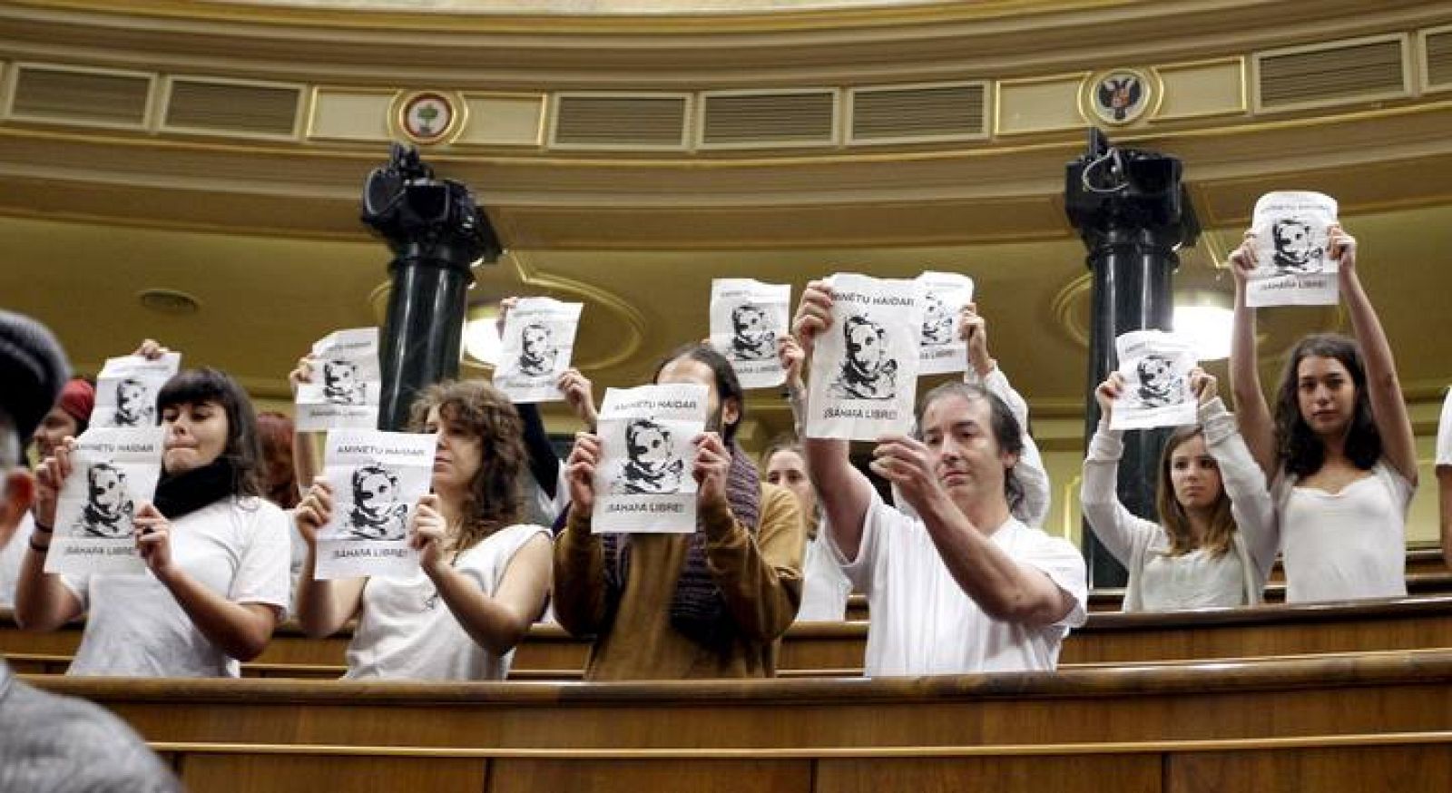 Una veintena de personas se han levantado en silencio en el Congreso con pancartas de apoyo a Haidar.